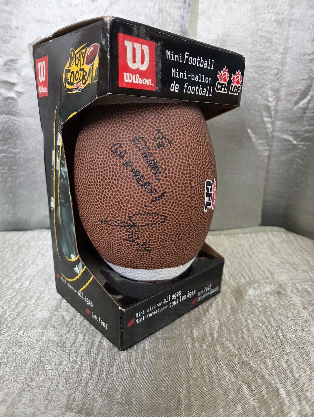 Wilson CFL Brown Mini Football. Autographed. #54 I Believes Its A Roughrider